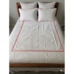 Look Linen Co Twin Banded Duvet Cover White Pink Trim Cotton Portugal Luxury